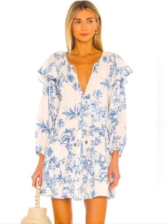 Free People Dresses & Skirts - Free People White Mini Dress with Blue Floral Print